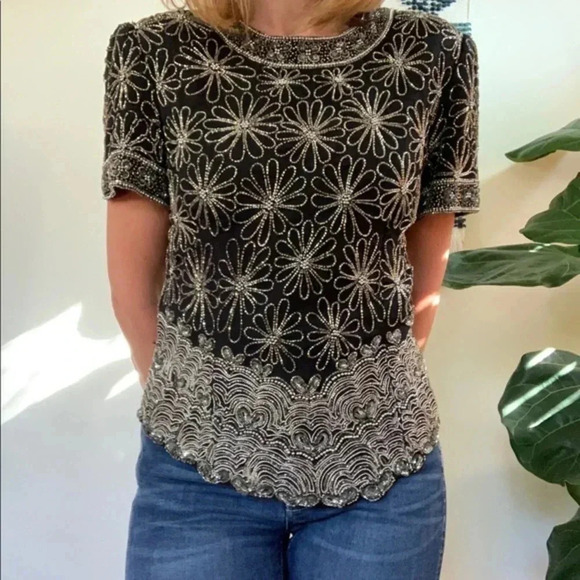 Papell Boutique |  Black Floral Beaded Top | Size XL [164] - Picture 2 of 9